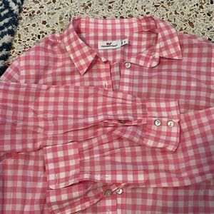 Pink and white checkered button-down